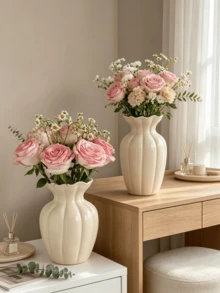 1pc Cream Fluted Plastic Vase, Nordic Minimalist Style, Lightweight Decorative Vase, For Living Room Accent, Bedroom Styling, Side Table Display, Home Floral Vase - Dafy - View 4