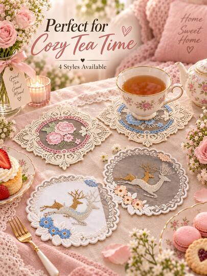 1Pc Vintage Lace Embroidered Coaster, Pattern With Delicate Lace Trim, Non-Slip Heat Resistant Reusable Drink Mat, Elegant Aesthetic Table Decor, Romantic Fall Home Kitchen Dining Ornament, Holiday Gift For Christmas Thanksgiving & Daily Use