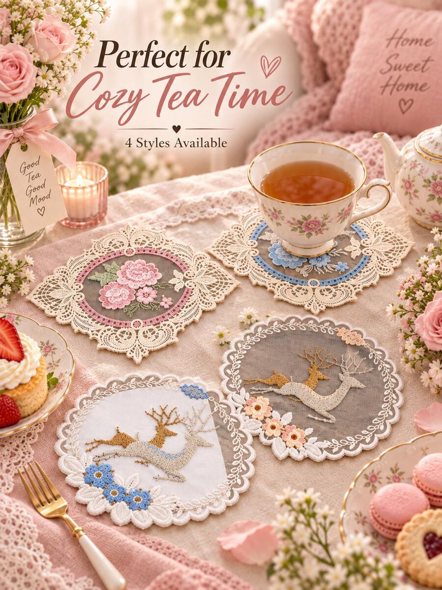 4pcs Vintage Lace Coasters, Embroidered Floral & Deer Pattern Drink Mats, Elegant Romantic Home Coffee Tea Cup Tabletop Decor - Multicolor - View 1
