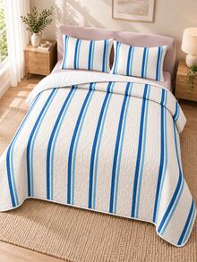 Set Sprei Quilted Motif Garis Ganda Biru Tua 3pcs (1 Sprei, 2 Sarung Bantal, Isian Bantal Tidak Termasuk) Nyaman dan Bernapas, Cocok untuk Semua Musim, Hadiah Liburan, Cocok untuk Hotel, Penginapan, Kamar Tidur, Sprei Ultra Lembut, Bernapas, dan Menyerap Kelembapan - MultiWarna - View 8