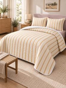 3pcs Quilted Bedspread Set With Milk Apricot Fine Stripe Pattern (1 Bedspread, 2 Pillowcases, Pillow Inserts Not Included), Breathable And Comfortable, Suitable For All Seasons, Holiday Gift, Ideal For Hotels, Inns, Bedrooms, Ultra-Soft Breathable And Moisture-Wicking Bedding - Multicolor - View 1