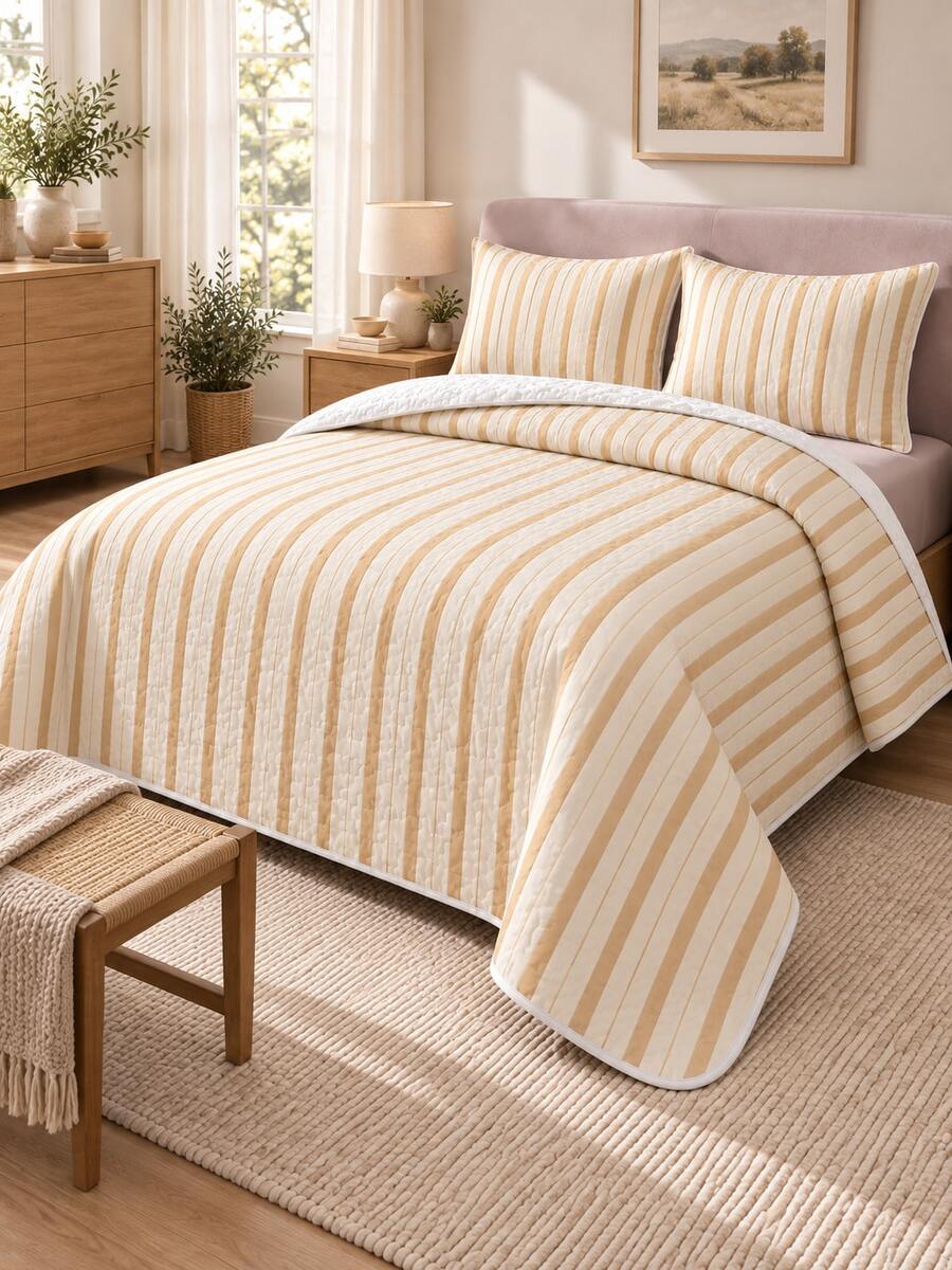 3pcs Quilted Bedspread Set With Milk Apricot Fine Stripe Pattern (1 Bedspread, 2 Pillowcases, Pillow Inserts Not Included), Breathable And Comfortable, Suitable For All Seasons, Holiday Gift, Ideal For Hotels, Inns, Bedrooms, Ultra-Soft Breathable And Moisture-Wicking Bedding - Multicolor - View 1