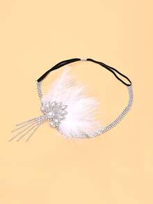 STONEFANS 1pc New 1920s Feather Headband European & American Style Vintage Rhinestone Tassel Hair Accessory For Masquerade Party - Silver - View 2