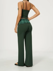 Bohemian Style Women's Halter Neck Crop Top & Wide Leg Pants Set, High Elasticity Plaid Detail Sexy Autumn Two Pieces Outfit - Dark Green - View 6