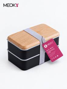 Meoky Japanese Style 2 Layer Food Container, Stackable Lunch Box, Divided Bento Box For Adults & Kids, Rectangular Food Storage Box With Utensil Set, For Outdoor, Office & School - Black-1400ml - View 1