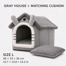 Cute House-Shaped Cat Bed With Matching Mat, Indoor Plush Pet Cave Bed, Suitable For Cats And Small Dogs, Brown/Grey, S/M/L - Grey - View 8