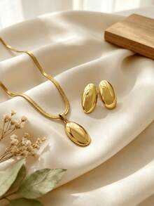 Minimalist Stainless Steel Jewelry Set, Irregular Geometric Pendant Necklace & Earrings, Hypoallergenic & Non Tarnish, Daily Wear Accessories - Gold - View 5
