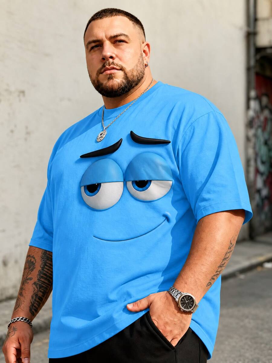 Kaos Olahraga Kasual Pria Ukuran Besar, Leher Bulat, Kain Rajut Poliester Nyaman & Bernapas, Motif Kartun Lucu yang Modis, Atasan Unik yang Dapat Dipersonalisasi - Royal Blue - View 1