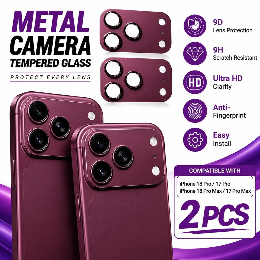 Yezodawee 2入/包手機鏡頭保護貼,適用於 Apple 18 Pro Max/17 Pro,優質強化金屬玻璃材質,可搭配保護殼使用,針對相機開孔設計,防刮防塵,全覆蓋保護層防止刮傷與衝擊 - 酒紅色 - 查看 1