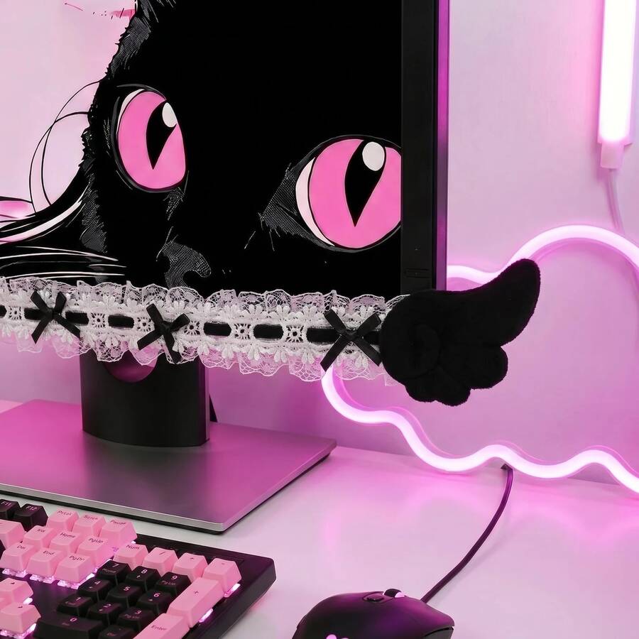 1pc Kawaii Goth Monitor Decoration, Cat Eye Frilly Lace Ribbon PC Screen Border Decor, Coquette Wing Computer Monitor Corner Accessory, Pink Desk Setup Room Decor Gift, Computer Screen Ear Decor
