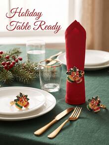 1-12pcs Red & Green Enamel Rhinestone Double Bell Napkin Rings, Vintage Luxurious Alloy Gold-Plated Bow & Holly Leaf Napkin Holders, Christmas Table Party Decor - Multicolor - View 5