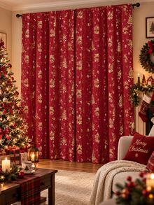 2pcs Red & Gold Christmas Curtains, Bell Tree Snowflake Decorative Pattern Holiday Curtains, Room Decor, Bedroom Decor, Home Decor, Christmas Decor, Christmas Home Decor, Living Room Christmas House Decor - C - View 7