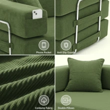 3-Seater Foldable Sofa Bed, 78'' Convertible Sleeper Sofa, Spring Folding Floor Couch With With Pillow Back Support Armrest, 4-In-1 Futon Sofa Bed For Living Room - Green - View 5