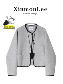 Short Double-Sided Fleece Contrast Color Button-Up Jacket, Elegant Casual Top For Evening Date, Campus, Daily Wear, Autumn/Winter, Vacation - Grey - View 1