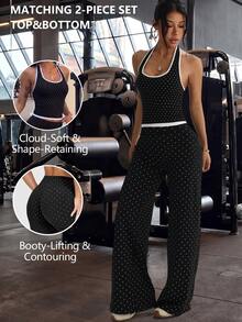 Women's Black & White Polka Dot Halter Neck Set, Contrast Trim Fitted Halter Tank Top + High Waist Flowy Wide Leg Pants 2 Pieces Set - Black and White - View 2