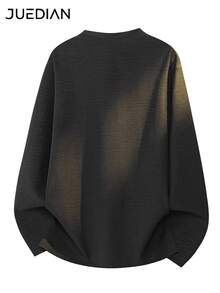 1pc T-Shirt, Solid Color Henley Collar Three-Button Design Loose Fit Long Sleeve Top, Faux Linen Textured Fabric, Skin-Friendly Soft Anti-Deformation, Elegant Slouchy Old Money Style, Suitable For Daily Commute And Friend Gatherings, Machine Washable And Dry Cleanable - Black - View 6