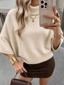 Women's High Neck Raglan Sleeve Knit Sweater, 3/4 Sleeve Cropped Pullover, Casual Autumn/Winter Daily Outing Top - Apricot - View 3
