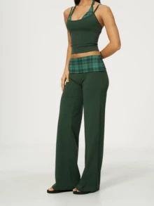 Bohemian Style Women's Halter Neck Crop Top & Wide Leg Pants Set, High Elasticity Plaid Detail Sexy Autumn Two Pieces Outfit - Dark Green - View 10