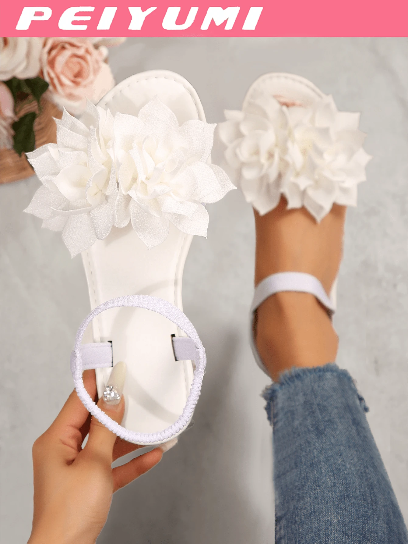 PEIYUMI Women's Sandals, Summer Beach Floral Decor Sandals, Elastic Stretch, Easy To Carry - White - View 1