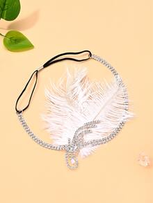 STONEFANS 1pc Feather Headpiece Side Rhinestone Hair Chain Vintage Headband For Single Dance Party - Silver - View 3