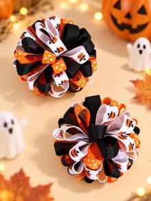 2pcs Girls Halloween Hair Clips, Cute Pumpkin Ghost Print Curly Bow Hair Clips, Suitable For Halloween Party And Autumn/Winter, Children Hair Accessories - Multicolor - View 2