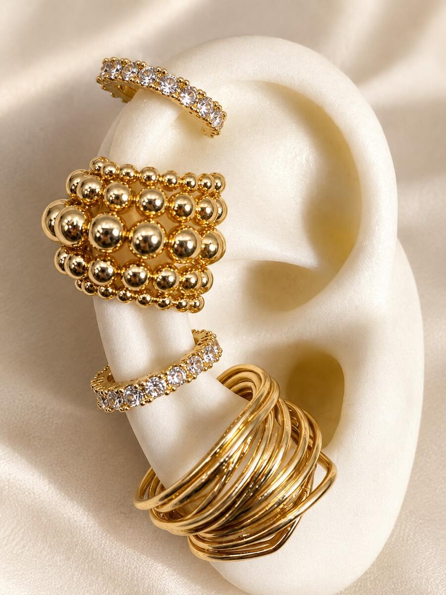4pcs Simple Exaggerated Fashion Old Money Style Copper Zirconia Wide Face Thick Ear Cuff Earrings Set For Women Couples Vacation Date Gift Daily Casual Party Wedding Matching Gift For Mom And Friends - Yellow Gold - View 1