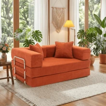 2-Seater Foldable Sofa Bed, 62'' Convertible Sleeper Sofa, Spring Folding Floor Couch With With Pillow Back Support Armrest, 4-In-1 Futon Sofa Bed For Living Room - Orange - View 3
