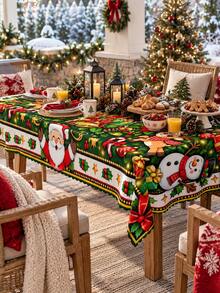 Cartoon Santa Claus Snowman Reindeer Gift Rectangular Tablecloth, Festive Red Green Gold Color Polyester Tablecloth, Candy Cane Bell Bow Holly Pattern, Suitable For Family Dining Room Kitchen Christmas Gathering, Children's Party And Holiday Home Decor - Multicolor - View 3