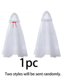 1pc Red/White Bridal Red Bow Hooded Mesh Cape, Ghost Bride Costume, Party Decoration Cloak, Cosplay, Party Outfit, Photo Prop, Christmas Party - Multicolor - View 14