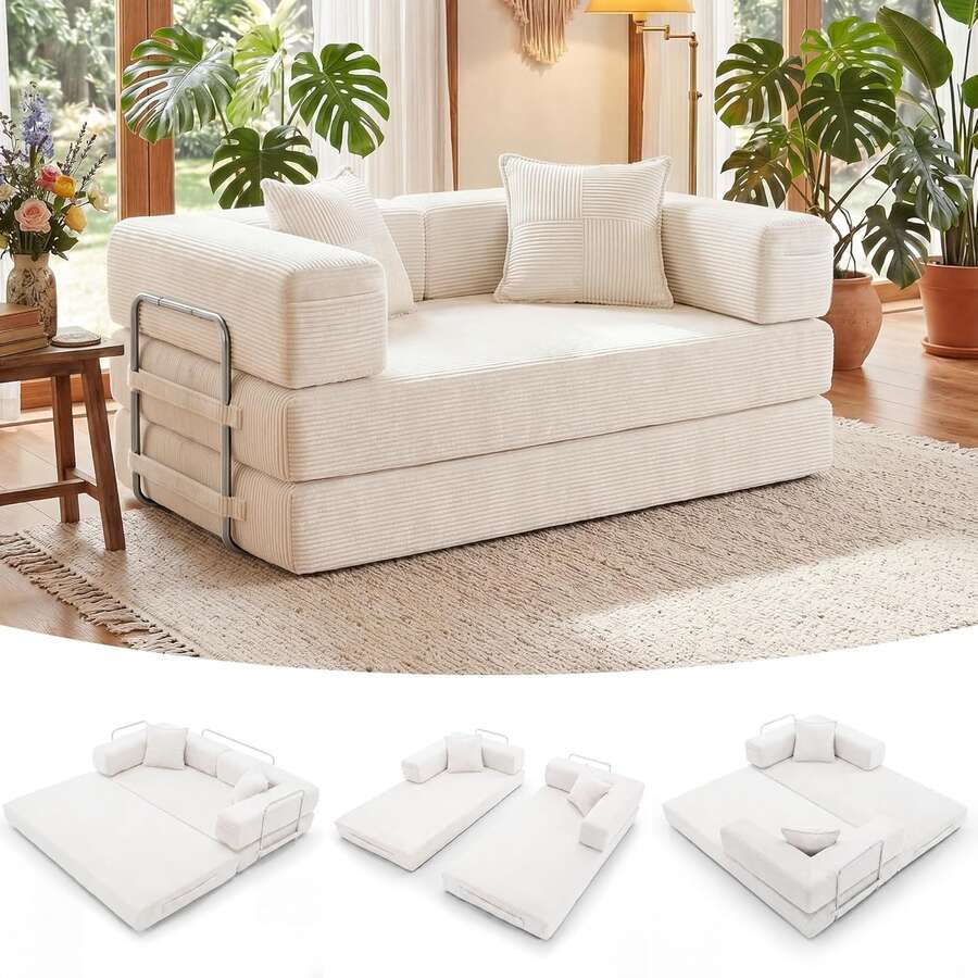 2-Seater Foldable Sofa Bed, 62'' Convertible Sleeper Sofa, Spring Folding Floor Couch With With Pillow Back Support Armrest, 4-In-1 Futon Sofa Bed For Living Room