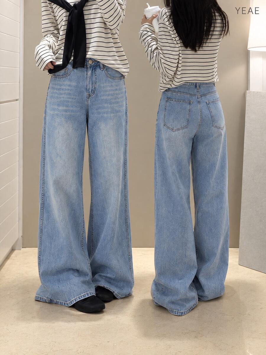 YEAE | Women's Light Blue Washed High Waist Wide Leg Jeans - Light Wash - View 1