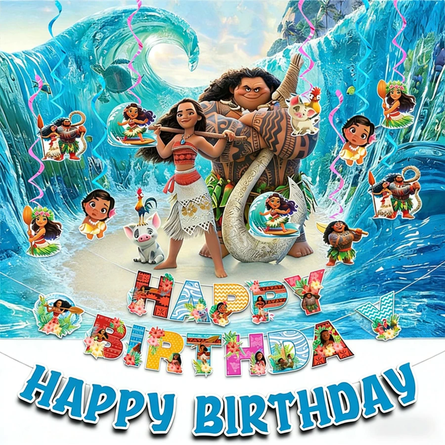 Bộ trang trí tiệc sinh nhật chủ đề phiêu lưu đại dương, băng rôn Happy Birthday, dây xoắn treo, dây ruy băng trần nhà hình nhân vật hoạt hình, phụ kiện trang trí tường phông nền tiệc sinh nhật - Xem 1