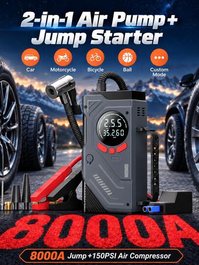 8000A Araç Takviye Cihazı, Hava Kompresörü, 150PSI Lastik Şişirici, Dijital Ekran, LED Işık ve Powerbank, SUV, Karavan, Pick-up, Motosiklet İçin Taşınabilir Araç Marş Başlatıcı, Açık Hava Seyahat Aksesuarı, Unisex Hediye
