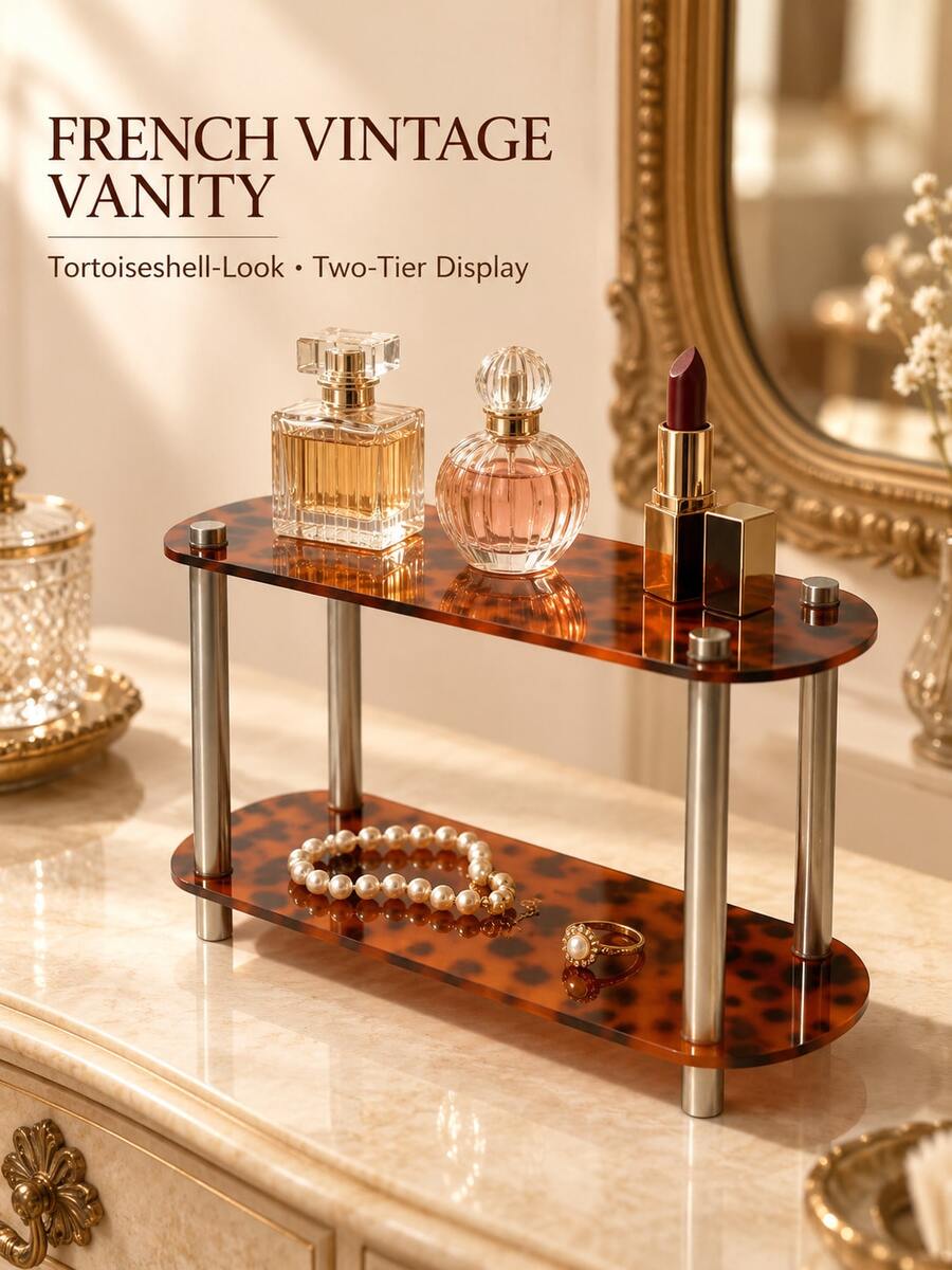 French Vintage Double-Layer Acrylic Desktop Organizer, Leopard Print Amber Brown Texture Perfume Jewelry Cosmetics Storage Display Rack, Suitable For Bedroom Vanity Entryway - French Vintage - Double-layer Leopard Print - View 1