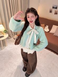 1pc Solid Color Knitted Button Cardigan Sweater, Office Daily Autumn/Winter Fuzzy Outerwear - Mint Green - View 3