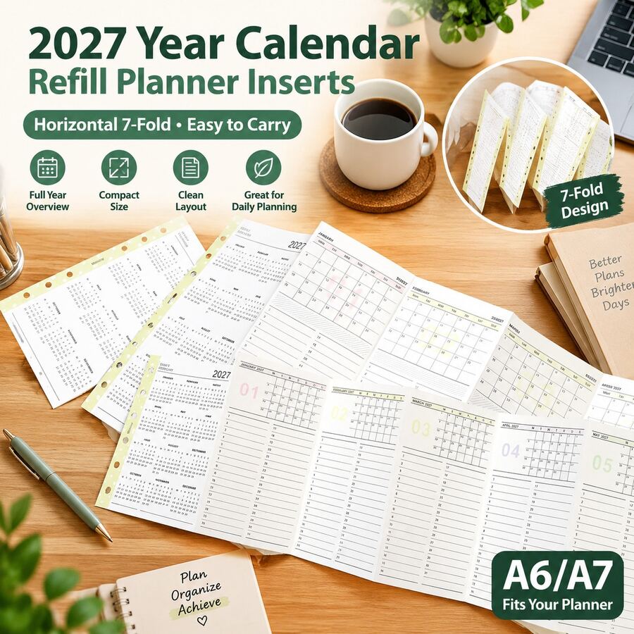 إدراجات مخطط سنوي A6 / A7 2027 مطوية 7 مرات، صفحة نظرة عامة سنوية كاملة بتصميم بسيط، متعقب جدول قابل للطي والحمل، أوراق إعادة ملء لمخطط الحلقة، قرطاسية إدارة الوقت للتدوين