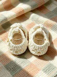 1 Pair Crochet Infant Booties, Beige With Floral Design, Handmade Espadrille Style - White - View 6