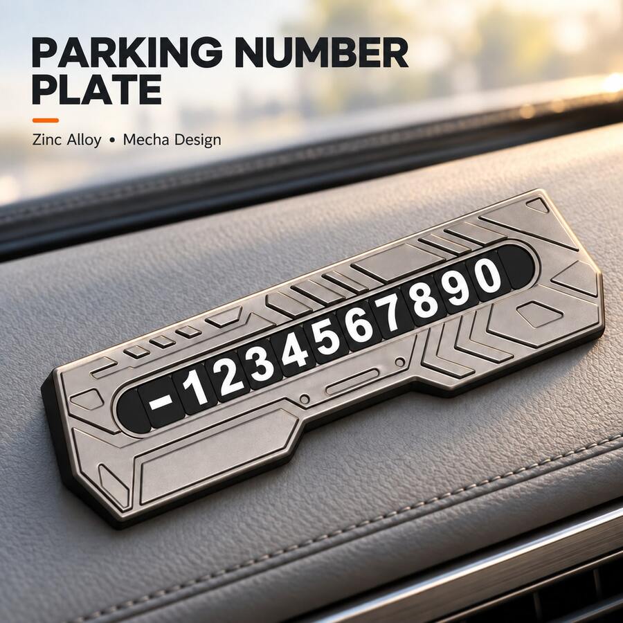 Mecha-Style Zinc Alloy Parking Phone Number Plate With Customizable Digits, Silver-Gray Car Dashboard Accessory For Temporary Parking - A - View 1
