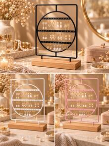 Earring Display Stand, Jewelry Display Rack With Wooden Base, Multi Layer Earring Organizer Holder, Metal Jewelry Storage Stand For Earrings Necklace Accessories, Desktop Jewelry Display Showcase For Bedroom Vanity, Boutique Store Counter Decor - Multicolor - View 1