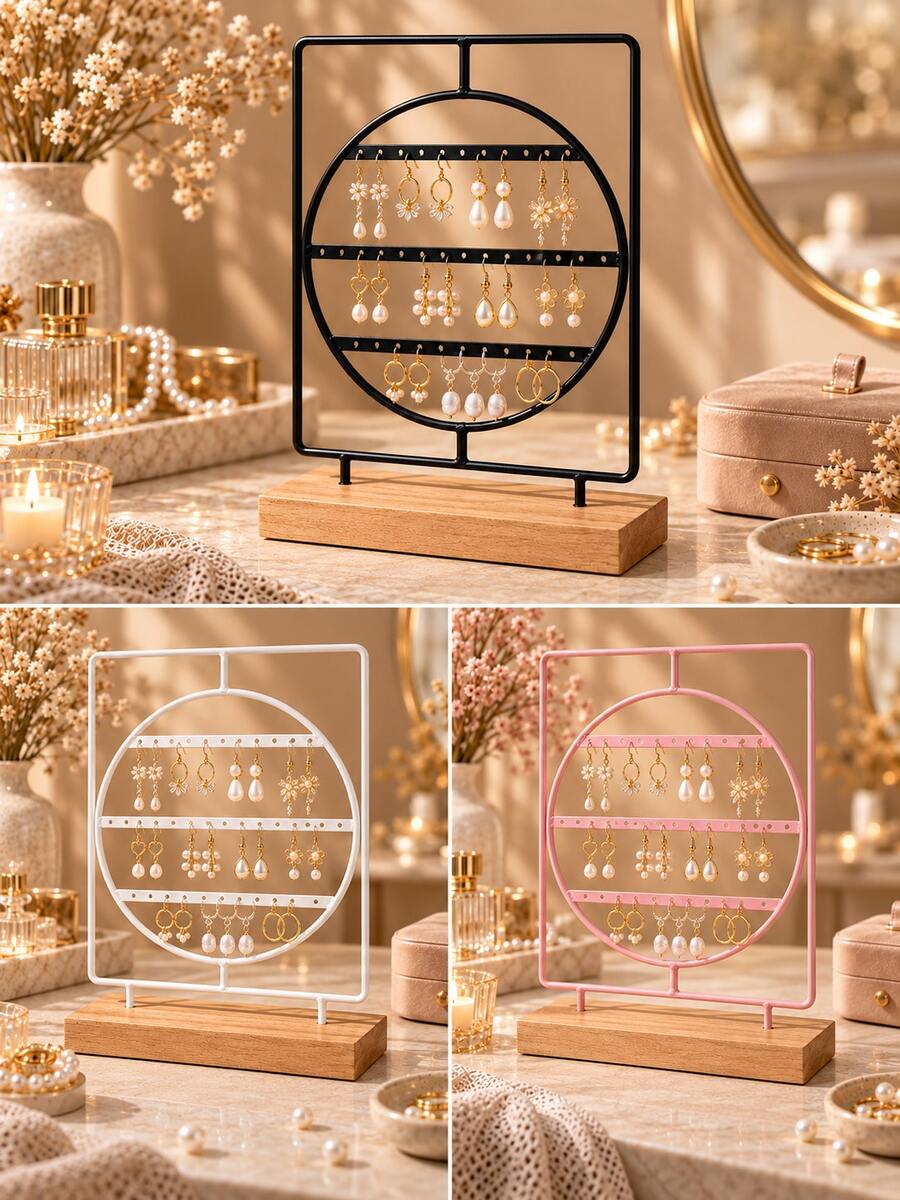 Earring Display Stand, Jewelry Display Rack With Wooden Base, Multi Layer Earring Organizer Holder, Metal Jewelry Storage Stand For Earrings Necklace Accessories, Desktop Jewelry Display Showcase For Bedroom Vanity, Boutique Store Counter Decor - Multicolor - View 1
