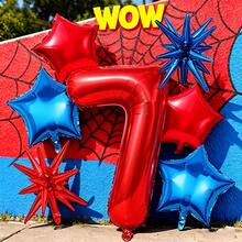 7pcs 32 Inch Red Number With Red & Blue Star And Explosion Star Foil Balloon Set, Suitable For Superhero Theme Birthday Party Decoration - View 1