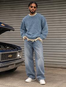 BLACKTOEXIT Men's Crew Neck Loose Korean Style Lazy 2 In 1 Distressed Knit Sweater, Autumn/Winter - Blue - View 5