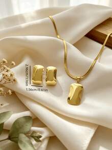 Minimalist Stainless Steel Jewelry Set, Irregular Geometric Pendant Necklace & Earrings, Hypoallergenic & Non Tarnish, Daily Wear Accessories - Gold - View 7