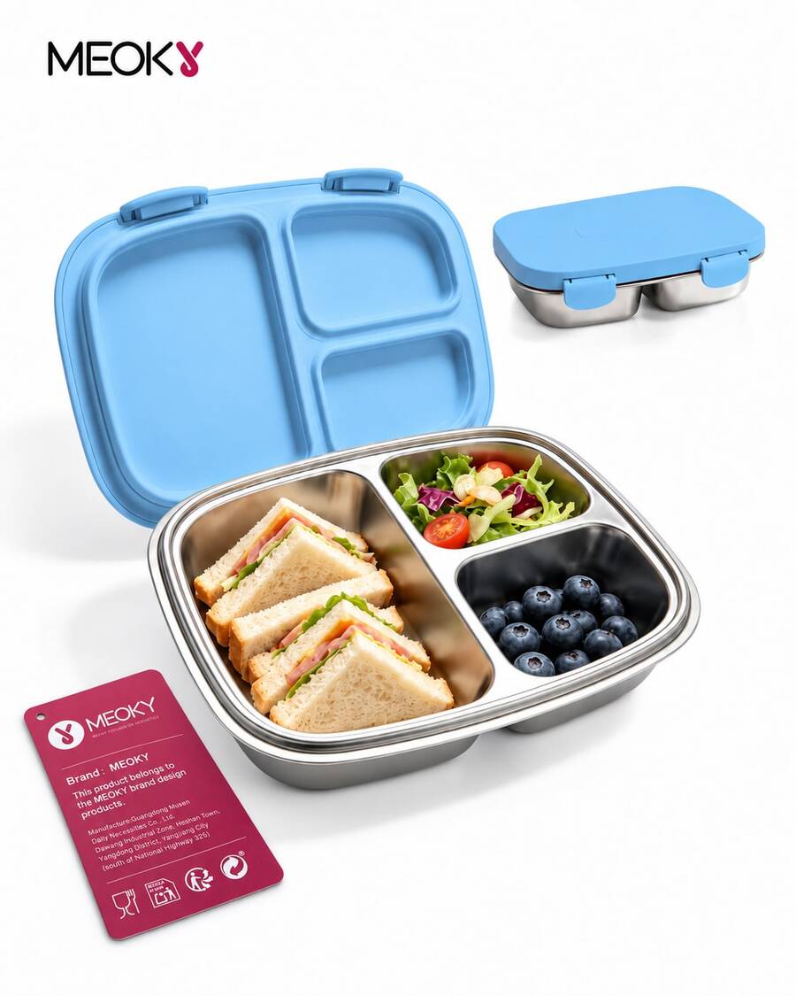 Meoky Stainless Steel 3-Compartment Leak-Proof Metal Lunch Box, Durable And Dishwasher , Suitable For Children And Adults, Ideal For School, Office And Outdoor Dining - Blue - View 1