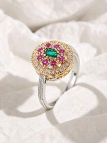 1PC Retro Boho Red Cubic Zirconia Two Tone Golden Ring For Women Unique Silvery Ring Turkish Handmade Ring Daily Party Vacation Jewelry Gifts - Style 1 - View 2