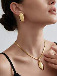 Minimalist Stainless Steel Jewelry Set, Irregular Geometric Pendant Necklace & Earrings, Hypoallergenic & Non Tarnish, Daily Wear Accessories - Gold - View 6