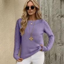 Women's Minimalist Hollow Out Knit Sweater, French Elegant Slim Fit For Commuting And Casual Layering - Purple - View 4
