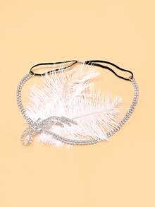 STONEFANS 1pc Feather Headpiece Side Rhinestone Hair Chain Vintage Headband For Single Dance Party - Silver - View 6