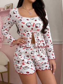 Noctvar OBM Sleepwear X Hello Kitty طقم بيجامة نسائي من قطعتين بأكمام طويلة وشورت، مزين بطبعة "هيلو كيتي" بالكامل؛ يتميز بتفاصيل مكشكشة مع حواف من الدانتيل؛ ناعم ومريح. - أبيض - مشاهدة 5