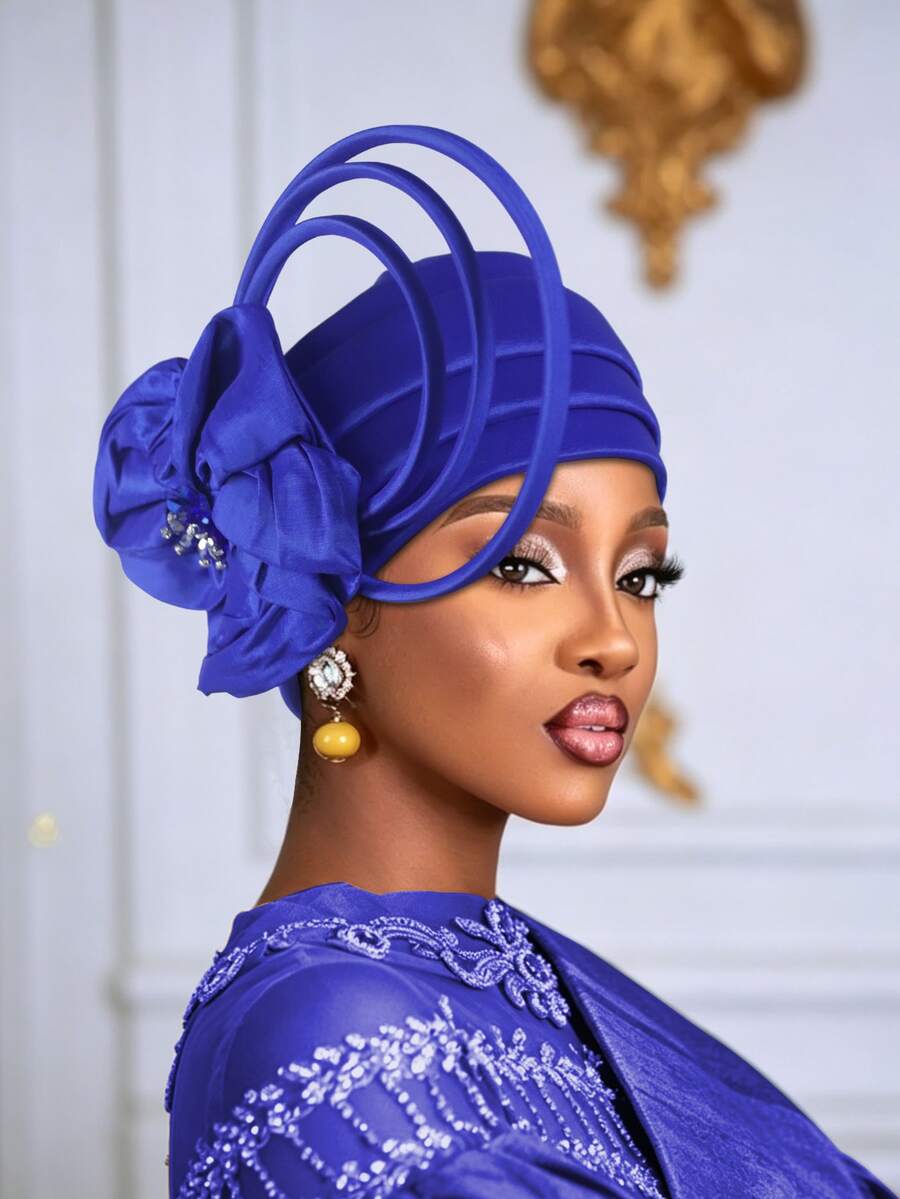 1pc Women Elegant African Gele Turban Hat, Rhinestone Large Flower & Curly Loop Decor Pre-Tied Headwrap, Solid Color Church Party Wedding Statement